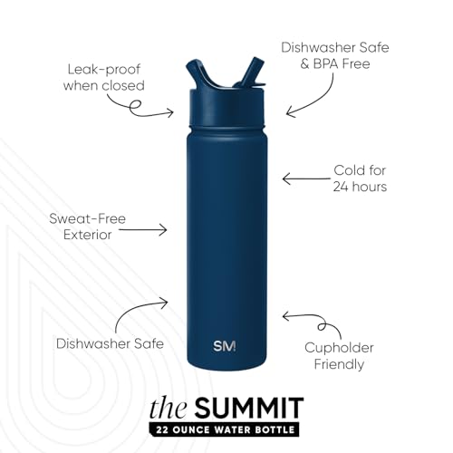 Summit Collection 22oz Vacuum Insulated Stainless Steel Water Bottle | Reusable Straw Lid Flask