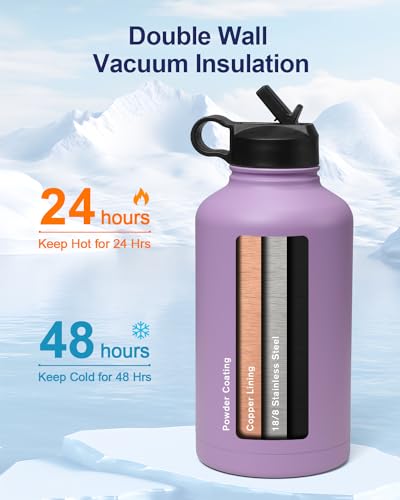 INSPI 64oz Insulated Stainless Steel Water Bottle, Purple with Straw & Carabiner for Hiking & School