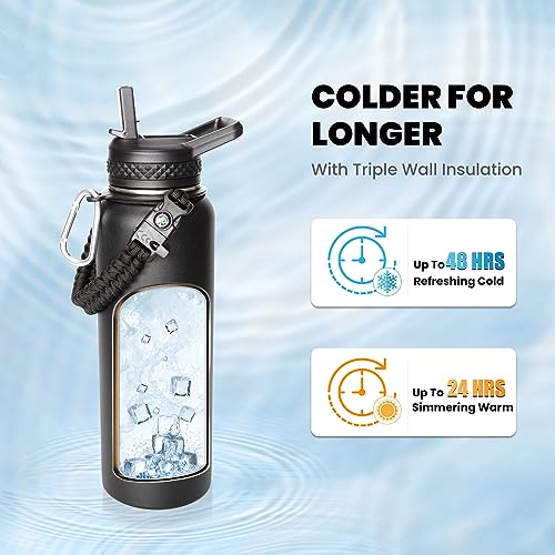 40 oz Insulated Magic Black Flask with Paracord & Straw Spout