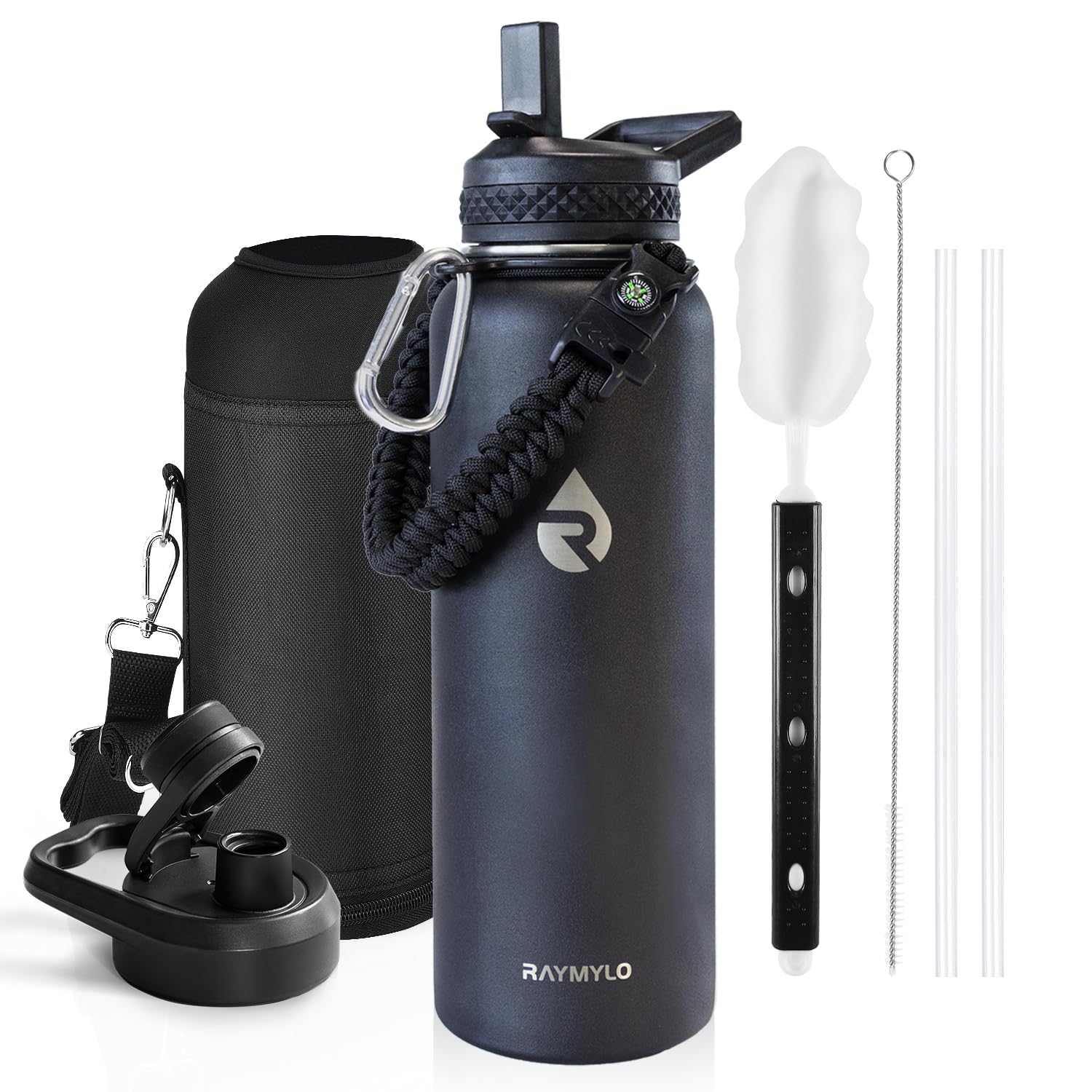 40 oz Insulated Magic Black Flask with Paracord & Straw Spout