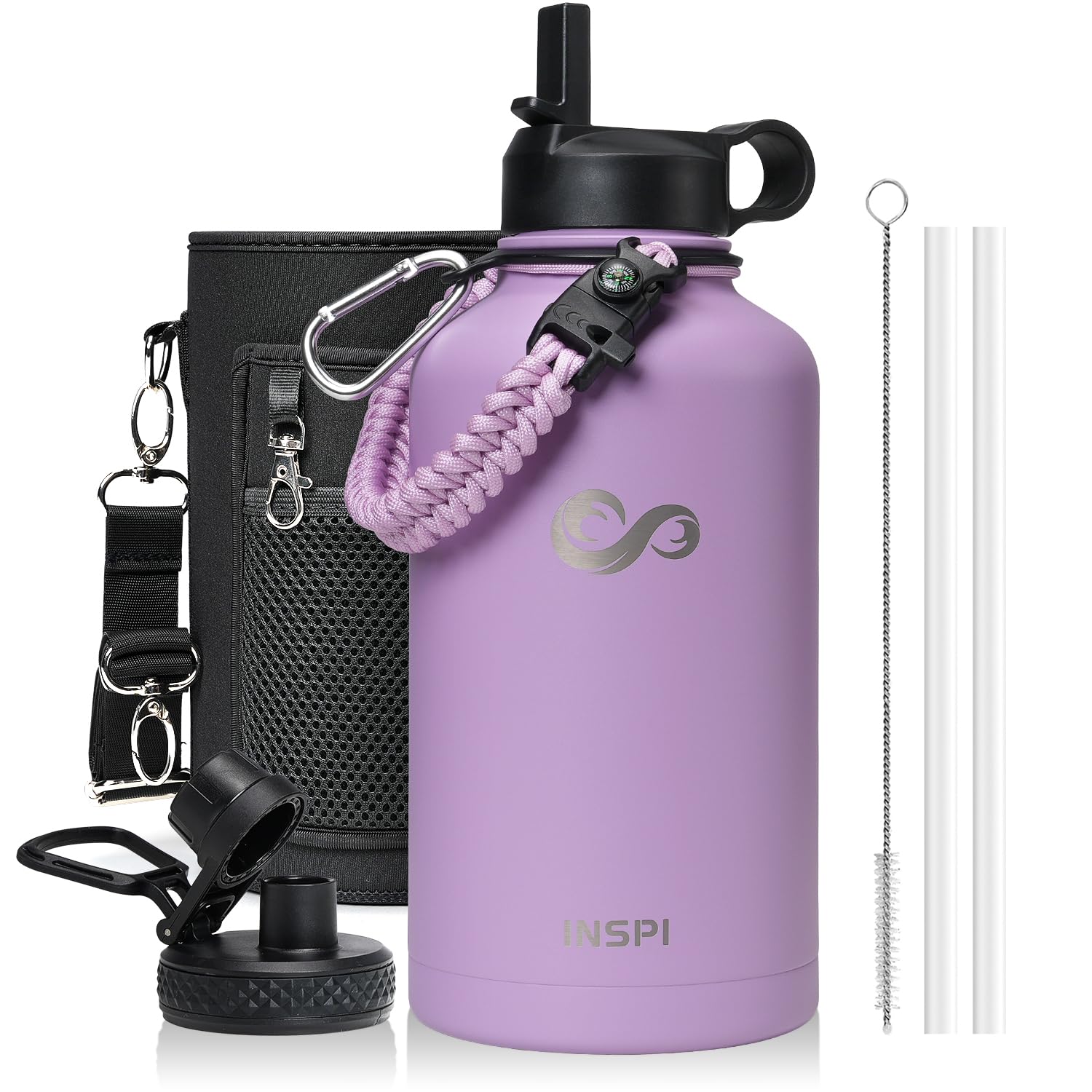 INSPI 64oz Insulated Stainless Steel Water Bottle, Purple with Straw & Carabiner for Hiking & School