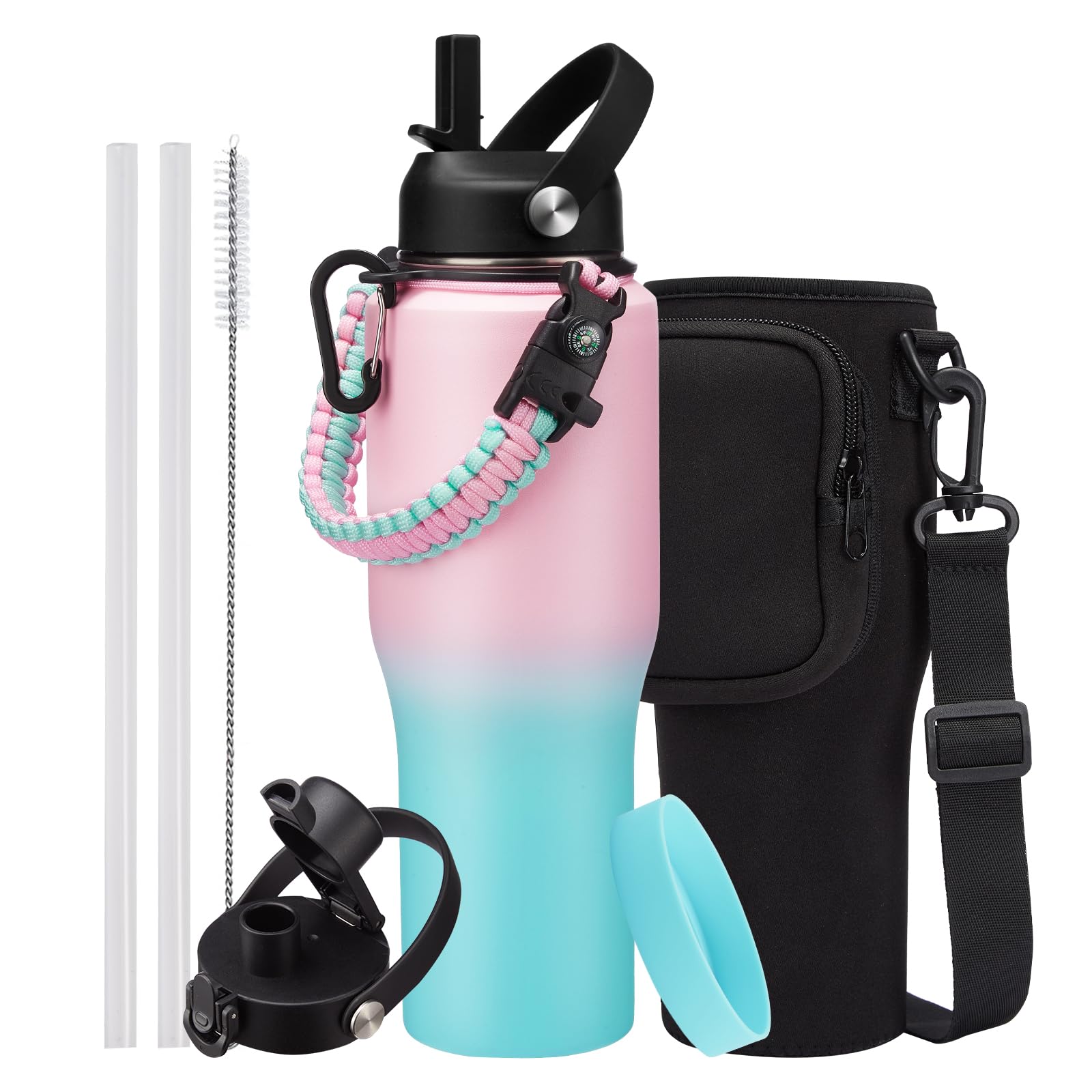 32oz Insulated Water Bottle with Straw Lid and Paracord Handle - Perfect for Travel and Car Cup Holders